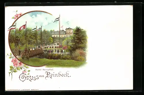 Lithographie Reinbeck, Hotel Nancythal vom Garten gesehen