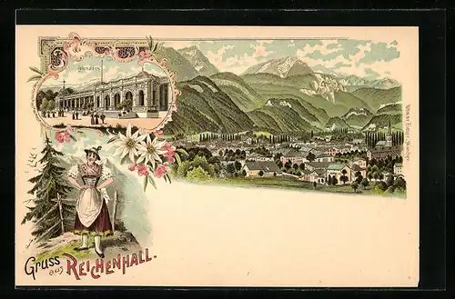 Lithographie Bad Reichenhall, Gesamtansicht mit Alpenpanorama, Blick auf die Colonaden und Frau in bayerischer Tracht