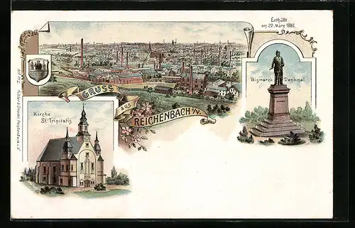 Lithographie Reichenbach, Kirche St. Trinitatis, Bismarck-Denkmal, Gesamtansicht, Wappen