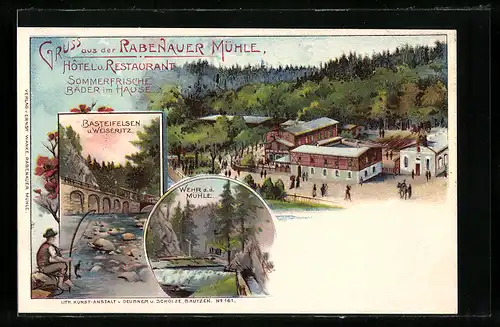 Lithographie Rabenau, Hotel-Restaurant Rabenauer Mühle, Basteifelsen, Basteifelsen