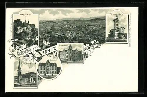 Lithographie Sebnitz, Grenadierburg, Postgebäude, Rathaus, Kath. Kirche, Ortspanorama
