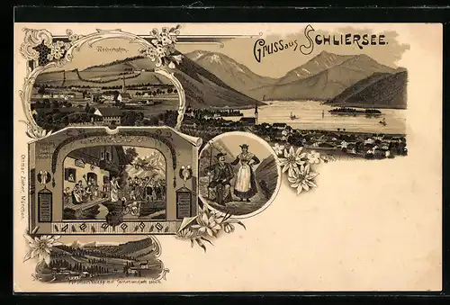 Lithographie Schliersee, Totalansicht, Westerhofen, Paar in Tracht