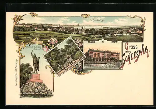 Lithographie Schleswig, Neuwerk, Chemnitz-Bellmann-Denkmal, Gesamtansicht