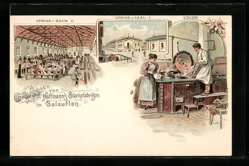 Lithographie Salzuflen, Hoffmann`s Stärkefabriken, Speiseraum II, Speisesaal I, Küche