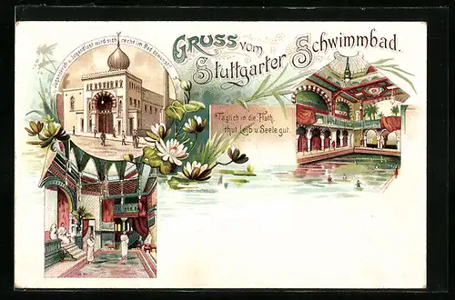 Lithographie Stuttgart, Schwimmbad, 3 Ansichte, Gedichte /Reime