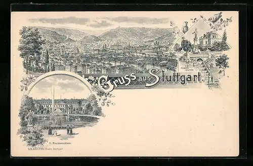 Lithographie Stuttgart, Teilansicht, K. Residenzschloss, Eugensbrunnen