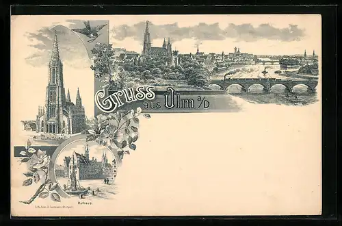 Lithographie Ulm, Rathaus, Dom, Stadt-Panorama