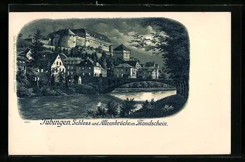 Lithographie Tübingen, Schloss und Alleenbrücke