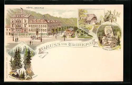 Lithographie Triberg, Kutsche vor dem Hotel Wehrle, Wasserfall, Gerwig-Denkmal