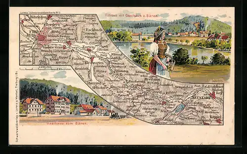 Lithographie Titisee, Gasthaus zum Bären, Landkarte