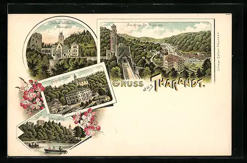 Lithographie Tharandt, Schlossteich und Ruine, Forstacademie mit Kirche, Schloss