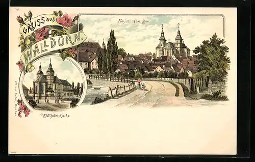 Lithographie Walldürn, Ortsansicht mit Strasse, Wallfahrtskirche