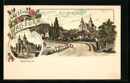 Lithographie Walldürn, Wallfahrtskirche, Ortsansicht vom See