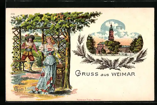 Lithographie Weimar, Residenz-Schloss, Behüt` dich Gott