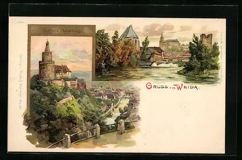 Lithographie Weida, Ortsansicht mit Fluss und Schloss Osterburg