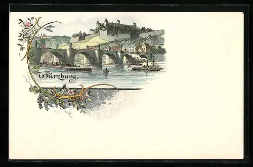 Lithographie Würzburg, Ortsansicht mit Floss, Dampfer, Brücke und Burg