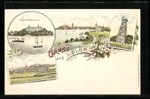Lithographie Plön, Ortsansicht, Aussichtsturm, Gesamtansicht