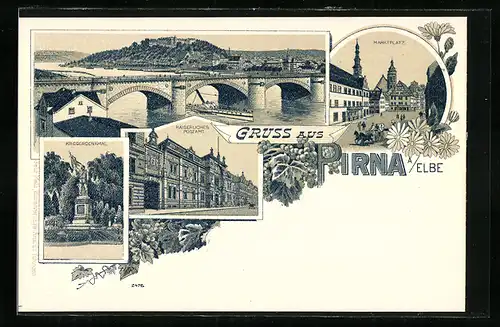 Lithographie Pirna /Elbe, Marktplatz, Kriegerdenkmal, Postamt, Elbbrücke mit Ortsansicht