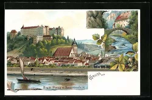 Lithographie Pirna, Ortsansicht mit Burg Sonnenstein