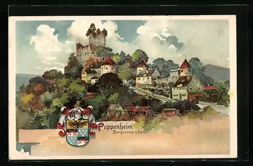 Künstler-AK Pappenheim, Burgruine von Osten, Wappen