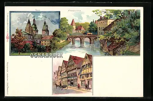 Lithographie Osnabrück, Dom, Kasepartie, Renaissancehaus