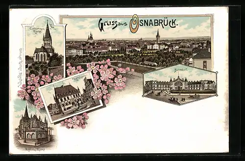 Lithographie Osnabrück, Catharinen-Kirche, Rathaus, Bahnhof