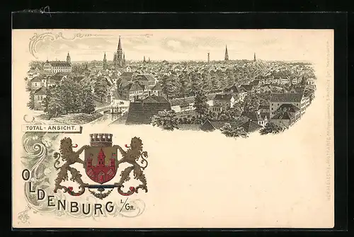 Passepartout-Lithographie Oldenburg, Totalansicht aus der Vogelschau, Wappen