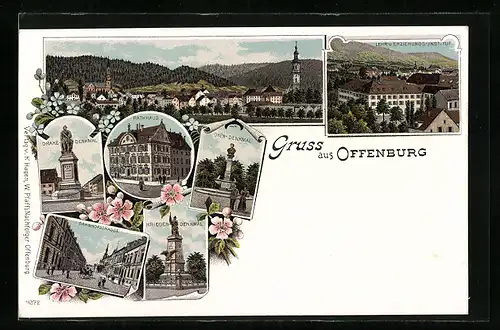 Lithographie Offenburg, Rathaus, Drake-Denkmal, Krieger-Denkmal