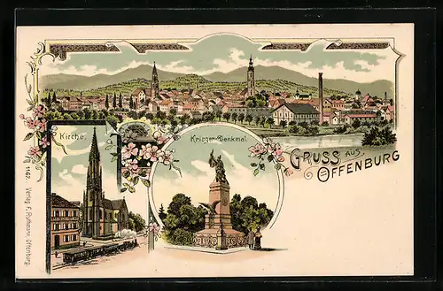 Lithographie Offenburg, Kirche, Krieger-Denkmal, Totalansicht aus der Vogelschau