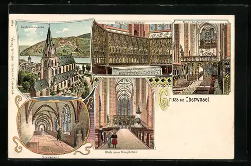 Lithographie Oberwesel, Liebfrauenkirche aus der Vogelschau, Kreuzgang, Hauptchor