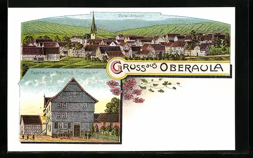 Lithographie Oberaula, Gasthaus von Heinrich Schüssler, Ortsansicht