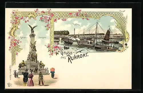 Lithographie Ruhrort, Kaiser-Denkmal, Hafen