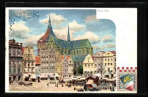 Lithographie Rostock, Ortsansicht mit Marktplatz am Markttag