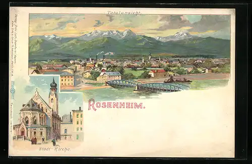 Lithographie Rosenheim, Stadt-Kirche, Gesamtansicht aus der Vogelschau