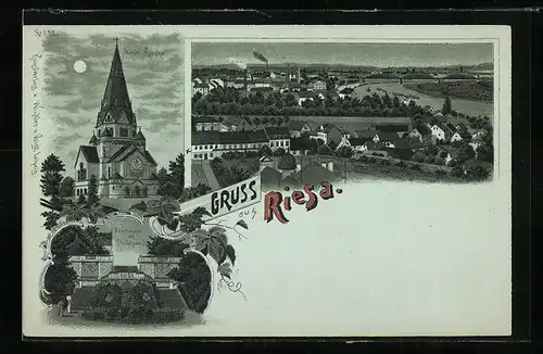 Lithographie Riesa, Freitreppe im Stadtpark, Ortspanorama, Neue Kirche