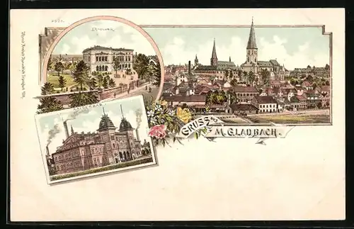 Lithographie Mönchengladbach, Ortsansicht, Kaiserbad und Erholung