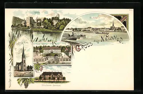 Lithographie Neuwied, Ortsansicht, Ev. Kirche, Fürstl. Schloss, Schullehrer-Seminar