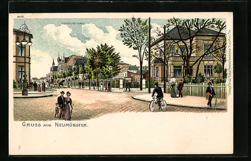 Lithographie Neumünster, Flaneure und Radfahrer in der Louisenstrasse