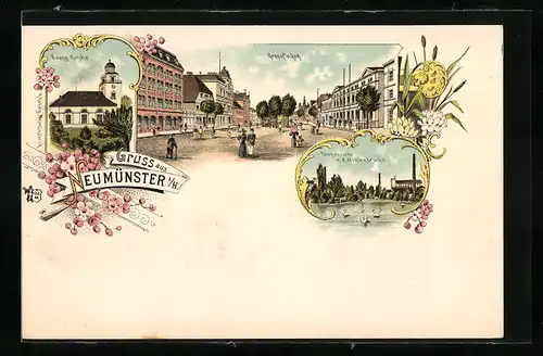 Lithographie Neumünster i. H., ev. Kirche, Grossflecken, Teilansicht v. d. Mühlenbrücke