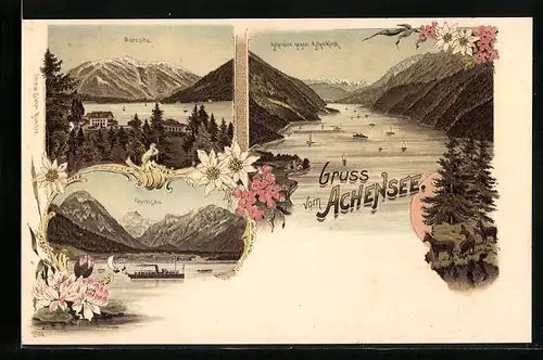 Lithographie Pertisau, Ort und Alpenpanorama, Seespitz, See gegen Achenkirch