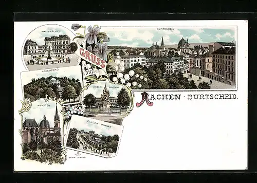 Lithographie Aachen-Burtscheid, Kaiserplatz, Münster, Ortsansicht