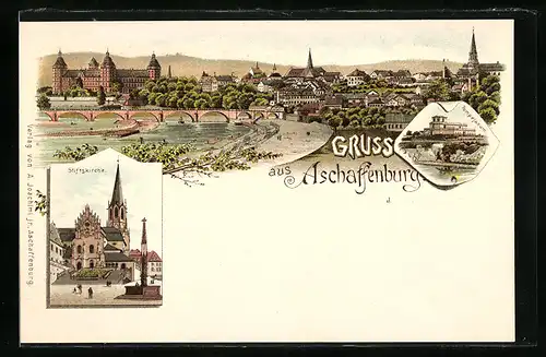 Lithographie Aschaffenburg, Gesamtansicht mit Fluss, Blick auf die Stiftskirche