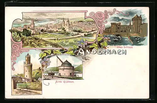 Lithographie Andernach, Altes Schloss, Alter Krahnen, Runder Thurm