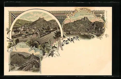 Lithographie Altenahr, Ortsansicht mit Bahnhof, Burg und Ort
