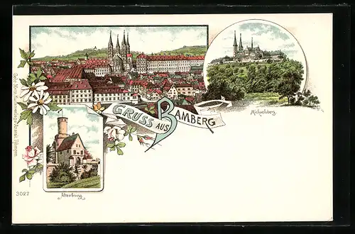 Lithographie Bamberg, Altenburg, Michaelsberg, Totalansicht