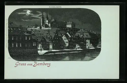 Lithographie Bamberg, Michaelsberg bei Vollmond