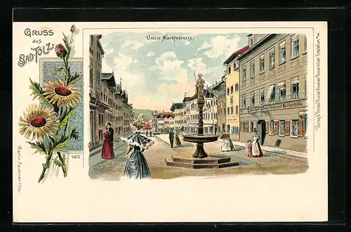 Lithographie Bad Tölz, Untere Marktstrasse mit Gasthof zum Kolberbräu