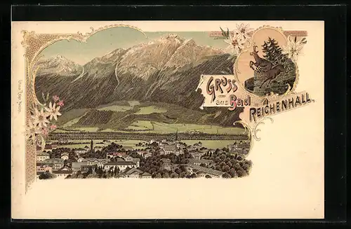 Lithographie Bad Reichenhall, Ortsansicht aus der Vogelschau