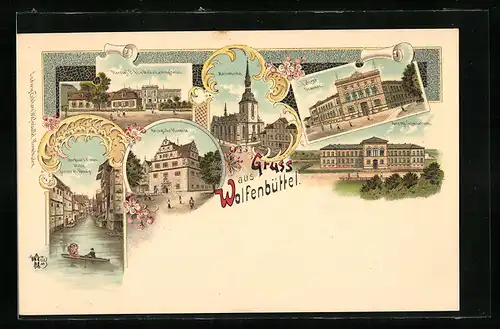 Lithographie Wolfenbüttel, Lehrerseminar, herzogl. Kaserne, Marienkirche, Gymnasium