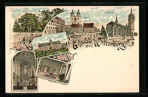 Lithographie Wittenberg, Luther-Eiche, Schlosskirche, Lutherhaus